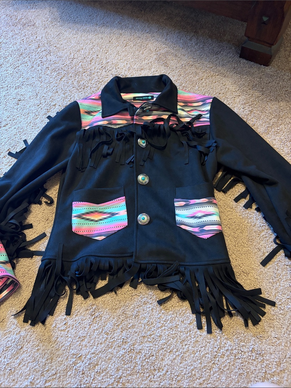 Girls' Black Fringe Jacket with Colorful Aztec Trim